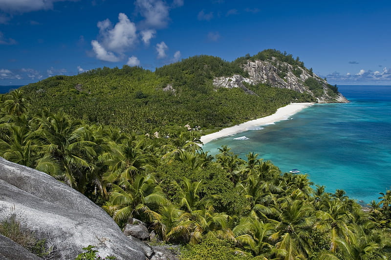 Paradise Beach, rocks, seychelles, exotic, view, ocean, lush, palm trees, sea, lagoon, beach, paradise, boulders, tropical, HD wallpaper
