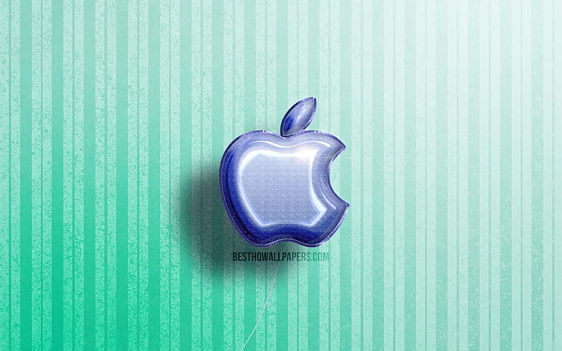 Apple 3D logo, blue realistic balloons, brands, Apple logo, blue wooden backgrounds, Apple, HD wallpaper