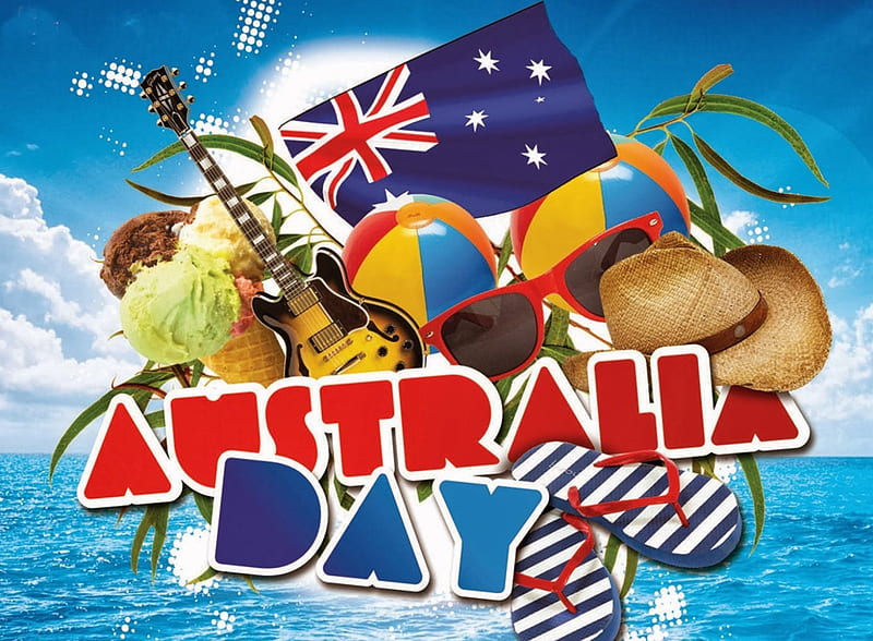australia day, ice-cream, flag, hat, beach, thong, guitar, balls, australia, day, HD wallpaper