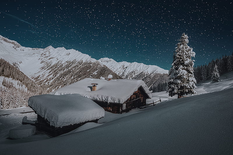Cold, frosty night, frosty, roofs, snow drifts, white, winter, cold, night, HD wallpaper