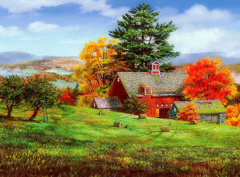 ★Pie Apple in Autumn★, architecture, fall season, cottages, autumn, colors, love four seasons, farms, attractions in dreams, creative pre-made, trees, pie apples, paintings, landscapes, nature, fields, outdoor, HD wallpaper