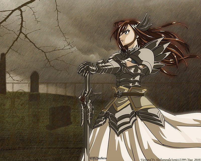 ⚔ Erza Scarlet ⚔, art, sky, rede hair, clouds, fairy tail, Erza scarlet, warrior, anime, awesome, HD wallpaper