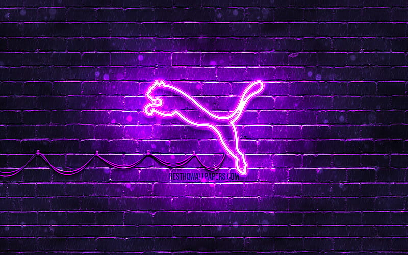 Puma violet logo violet brickwall, Puma logo, brands, Puma neon logo, Puma, HD wallpaper
