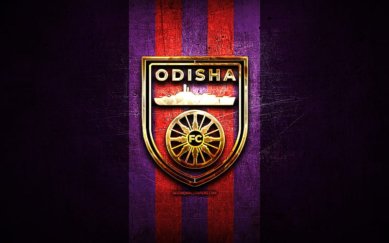 Odisha FC, golden logo, ISL, violet metal background, football, indian football club, Odisha FC logo, soccer, India, FC Odisha, HD wallpaper