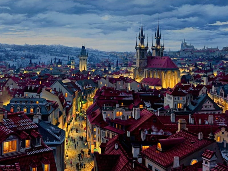 Prague symphony, dusk, bonito, twilight, clouds, lights, city, painting, streets, night, art, lovely, view, houses, roofs, town, church, sky, peaceful, HD wallpaper