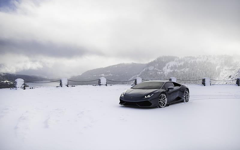 Lamborghini Huracan, sports coupe, supercar, black Huracan, winter, snow, winter riding, VAG, Lamborghini, HD wallpaper
