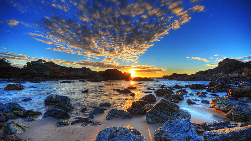 Australian Sunset, rocks, australia, nature, river, sunset, blue sky, HD wallpaper