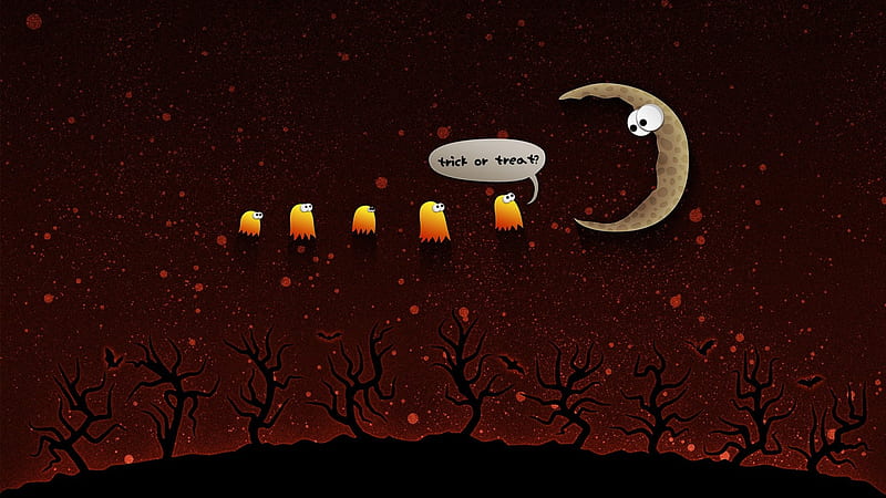 Trick or treat?, red, halloween, yellow, sky, card, fantasy, moon, funny, stras, HD wallpaper