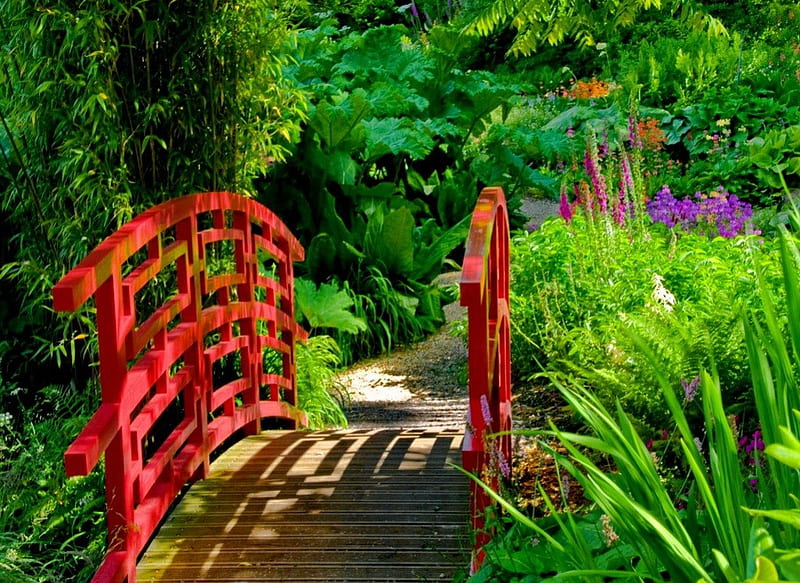 Garden bridge, red, pretty, lovely, grass, japanese, greenery, bonito, park, trees, nice, green, bridge, summer, flowers, garden, nature, HD wallpaper