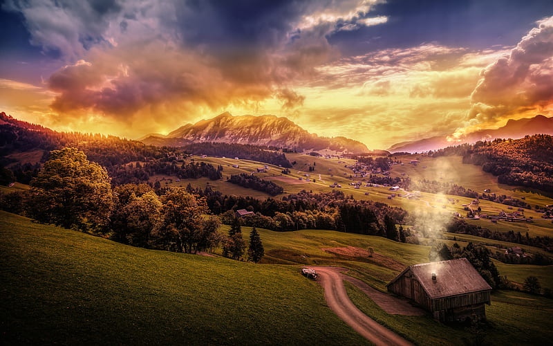 Switzerland, mountains, forest, meadow, village, summer, HD wallpaper