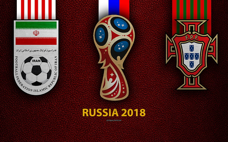 Iran vs Portugal Group B, football, logos, 2018 FIFA World Cup, Russia 2018, burgundy leather texture, Russia 2018 logo, cup, Iran, Portugal, national teams, football match, HD wallpaper