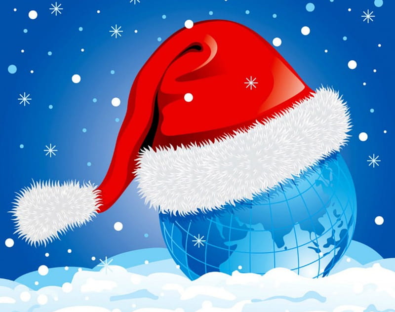 Christmas around the world, globe, Christmas, snow, blue, hat, HD wallpaper