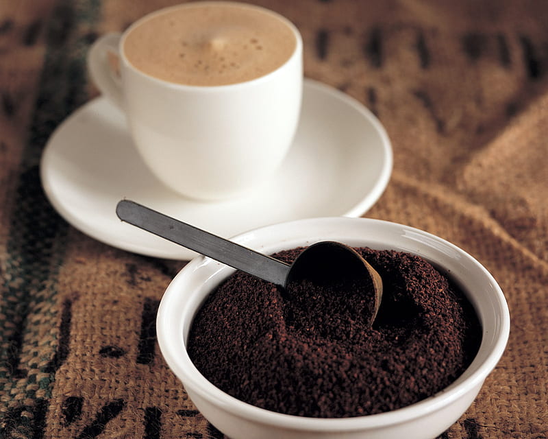 Fresh Ground & Brewed Coffee, saucer, fresh, ground, coffee, cup, brewed, drink, morning, scoop, HD wallpaper