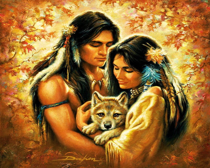 Love the Wolf, native, pup, indians, artwork, couple, HD wallpaper