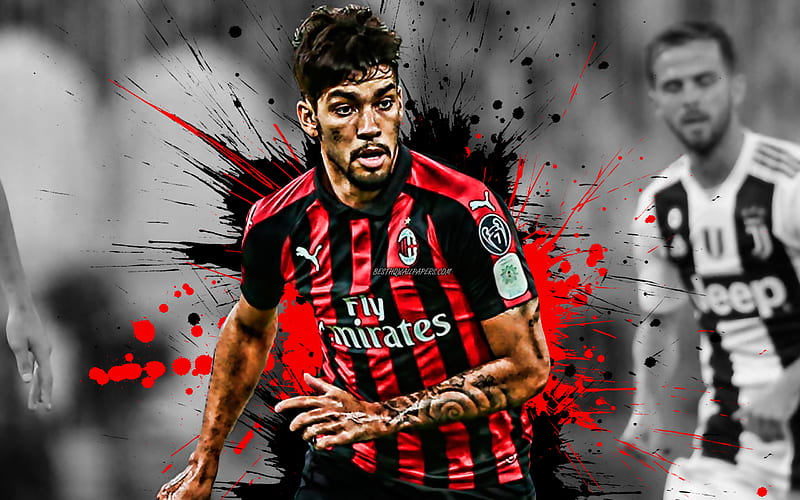 Lucas Paqueta Brazilian football player, AC Milan, attacking midfielder, red-black paint splashes, creative art, Serie A, Italy, football, grunge, Paqueta, HD wallpaper