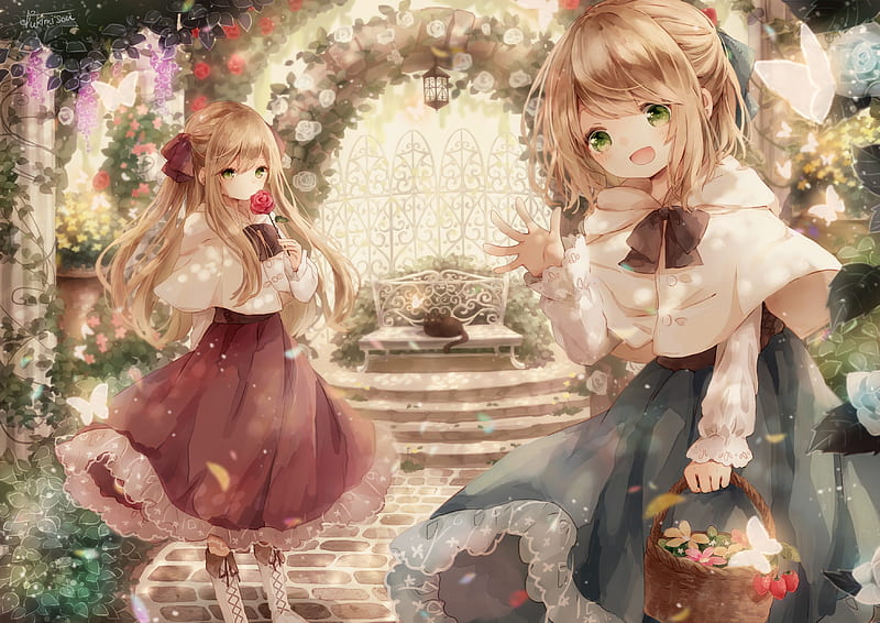 cute anime girls, lolita fashion, blonde, cape, colorful flowers, Anime, HD wallpaper