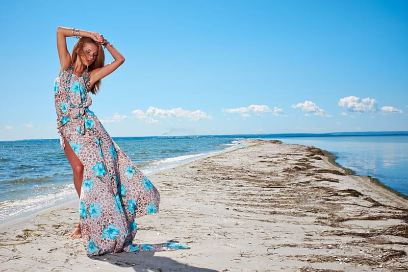 Beauty, flowered dress, sensual, pose, blonde, sky, sea, beach, sand, girl, HD wallpaper