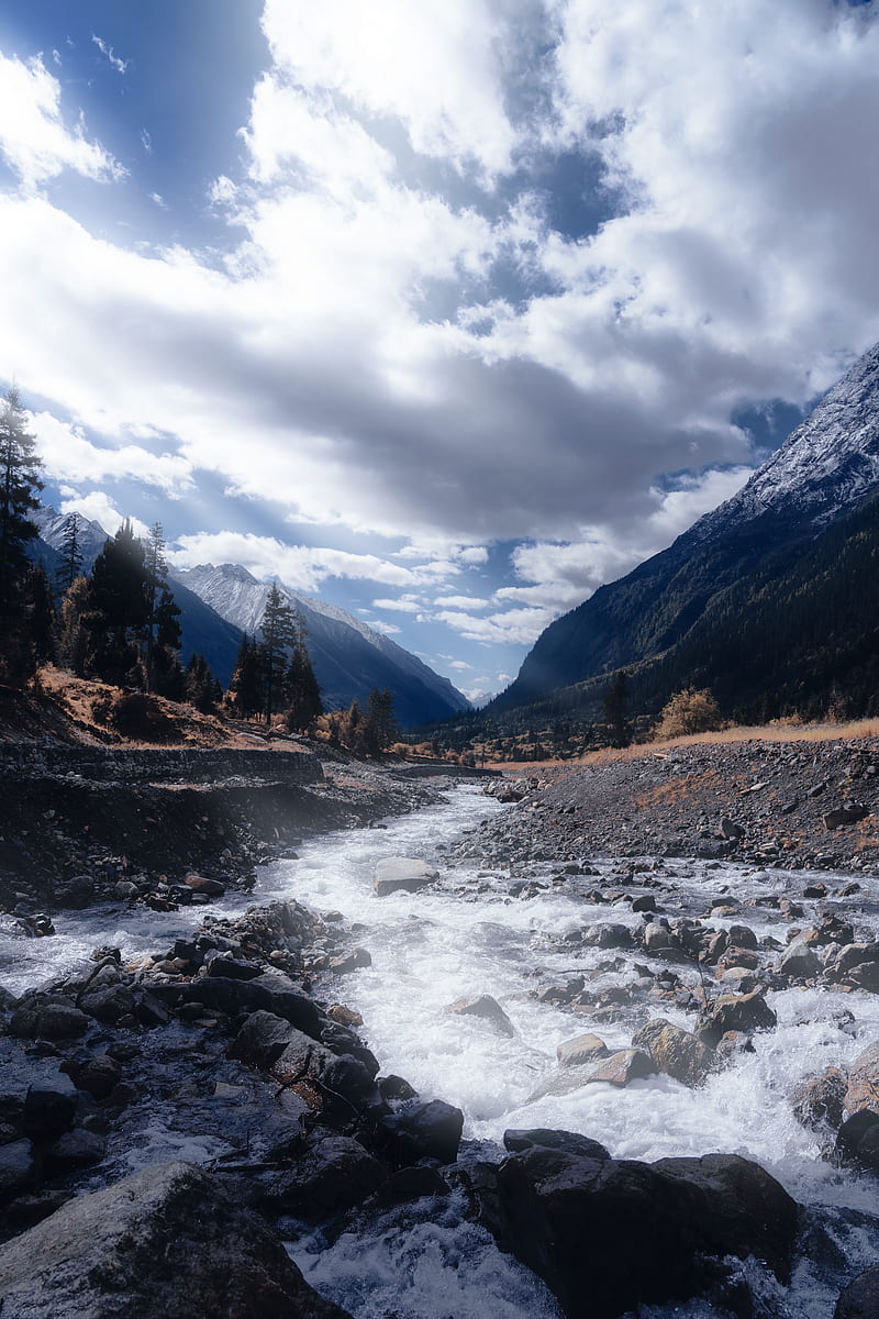 river, stream, mountains, landscape, nature, HD phone wallpaper