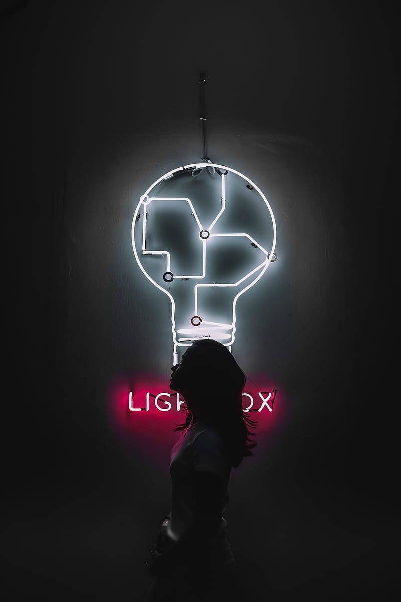 neon, silhouette, girl, light bulb, backlight, HD phone wallpaper
