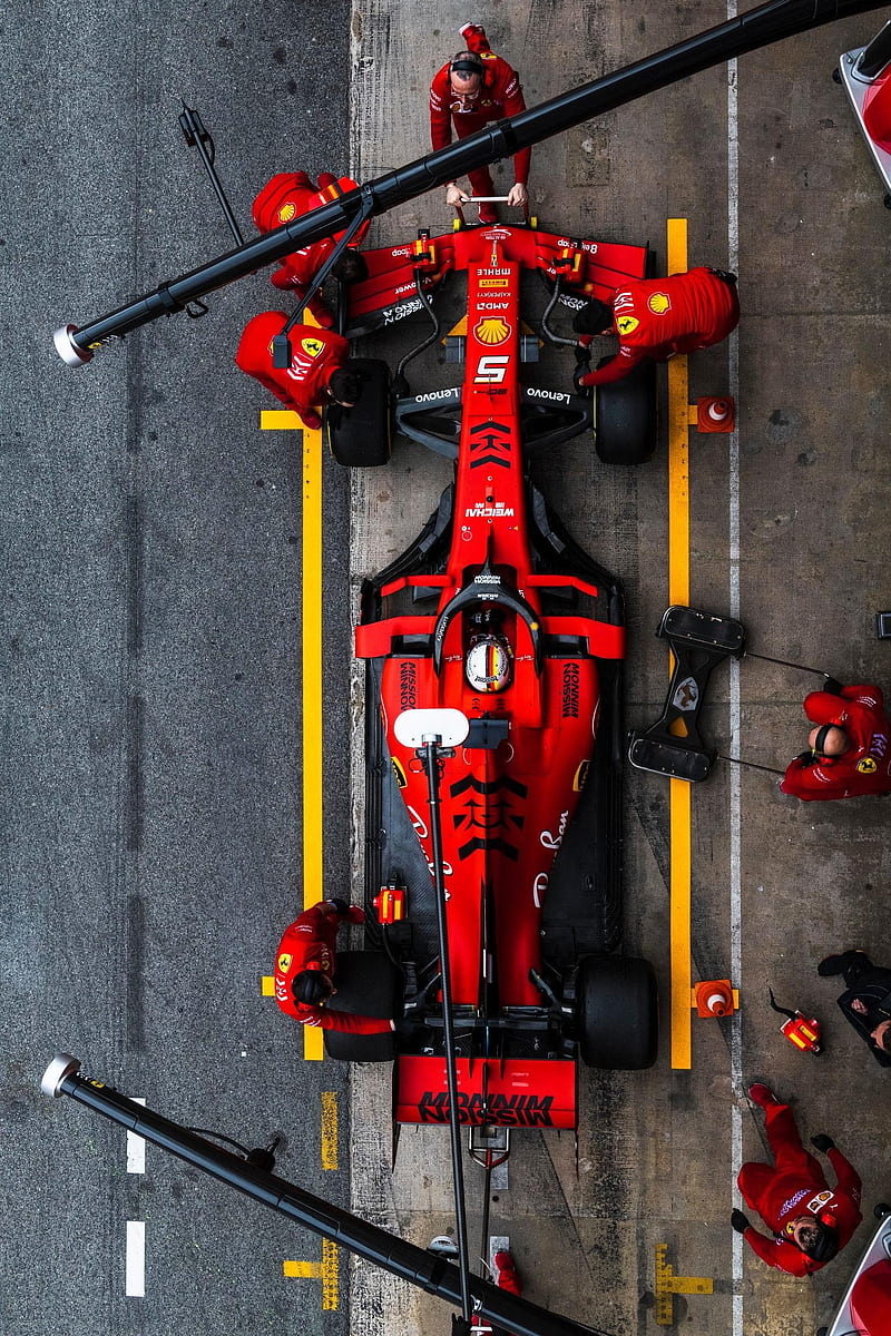Formula one, blood red car, car, pit crew, racing, red, red army, speed, squad, HD phone wallpaper