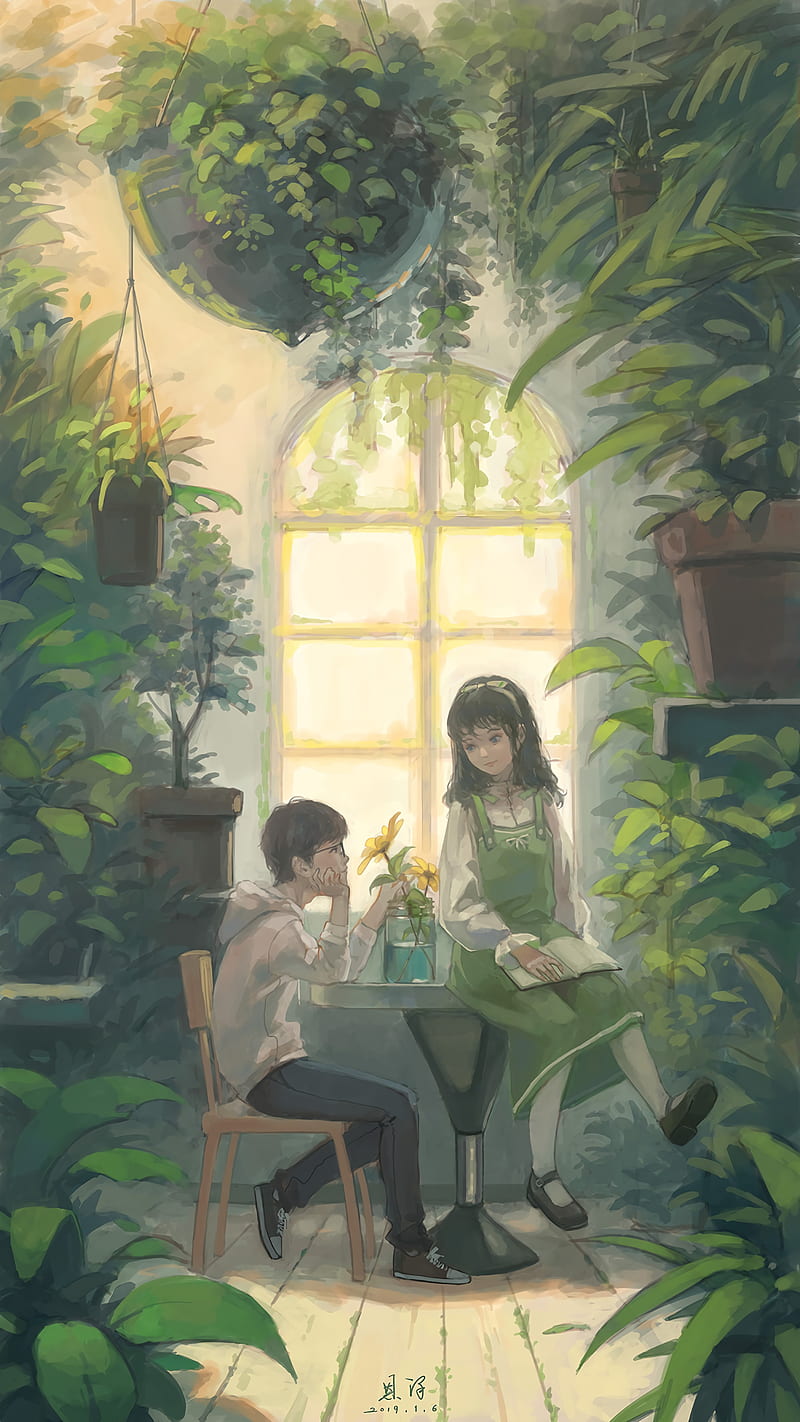 boy, girl, art, greenhouse, flowers, window, HD phone wallpaper
