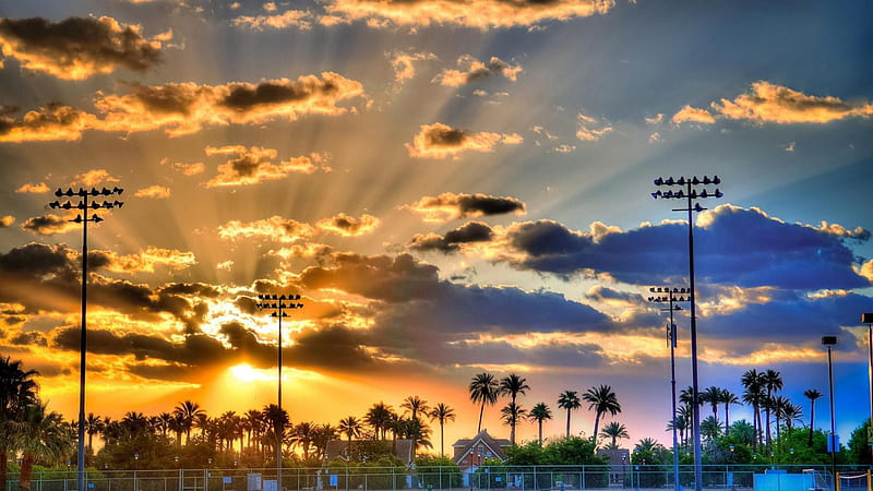 wondrous sunset over athletic fields r, towers, rays, r, park, sunset, clouds, lights, esports, HD wallpaper