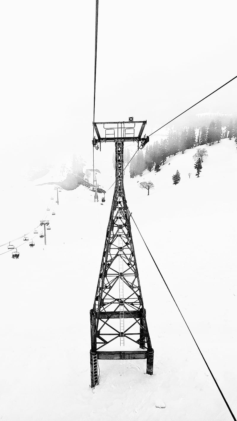 Cable Car at Gulmarg, black, cablecar, line, lines, minimal, minimalistic, ski, snow, white, winter, HD phone wallpaper