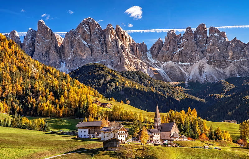 Dolomites, Italy, slope, dolomites, south, rocks, Val di Funes, Alps, hills, autumn, Italy, bonito, mountain, Tyrol, village, HD wallpaper