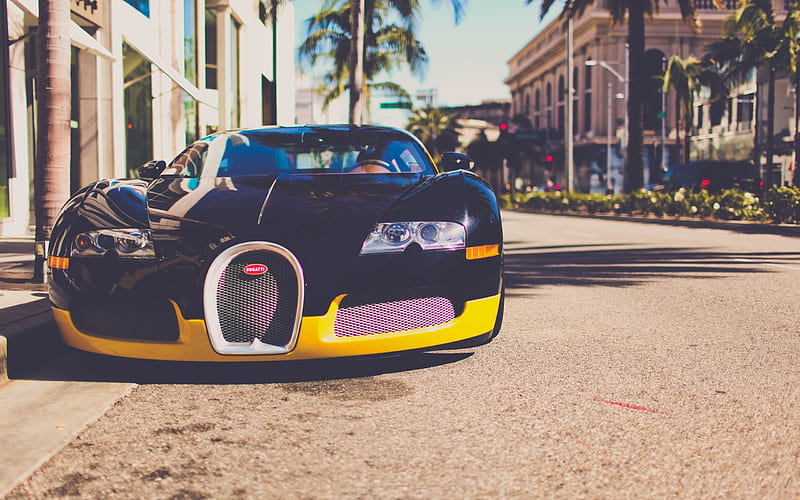 Bugatti Veyron, road, supercars, black Veyron, Bugatti, HD wallpaper