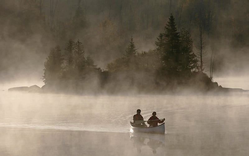 Canoe in the morning mist, HD wallpaper