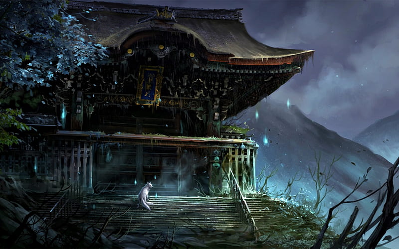 The old temple, art, luminos, sandara, old temple, animal, fantasy, fox, white, blue, HD wallpaper