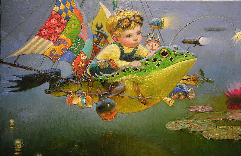 :), dream, victor nizovtsev, art, luminos, frog, boy, water, fantasy, green, copil, painting, child, pictura, HD wallpaper
