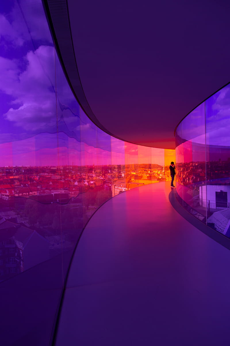 sunset , building, colorful, corridor, glass, light, man, HD phone wallpaper