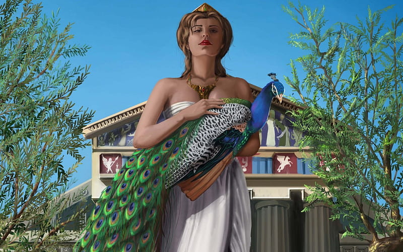 Hera, art, goddess, tail, peacock, game, woman, fantasy, girl, green, feather, blue, HD wallpaper