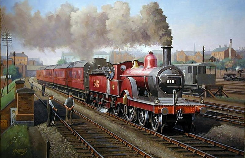 Midland Railways, railroad, locomotive, train, people, steam, artwork, HD wallpaper