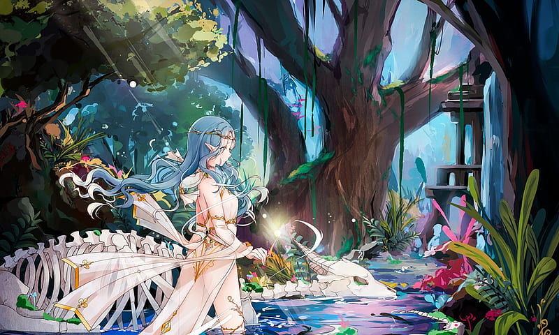 Hatsune Miku, vocaloid, forest, skeleton, manga, tree, water, girl ...