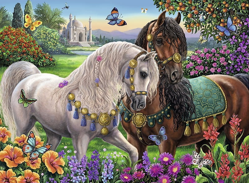Adorned stallions, frumsuete, art, cal, flower, painting, horse, HD wallpaper