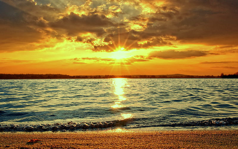 Sunset over the sea, beautiful colors, shoreline, wonderful sky, sunset, over, nice reflection, sea, HD wallpaper