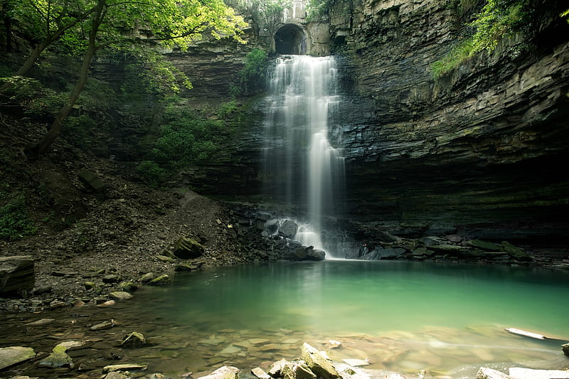 Chedoke Waterfall, Hamilton, Ontario, waterfall, nature, tunnel, canada, HD wallpaper