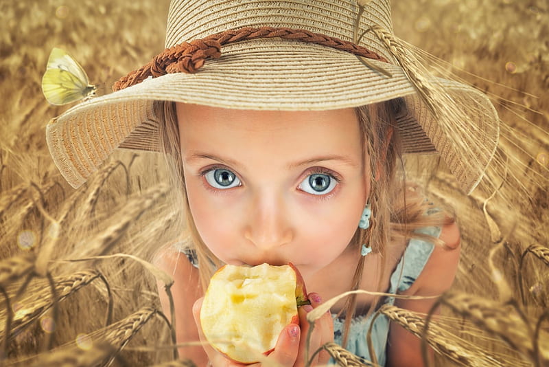 La del granjero, john wilhelm, pequeña, sombrero, linda, fruta, hija, Fondo de HD | Peakpx