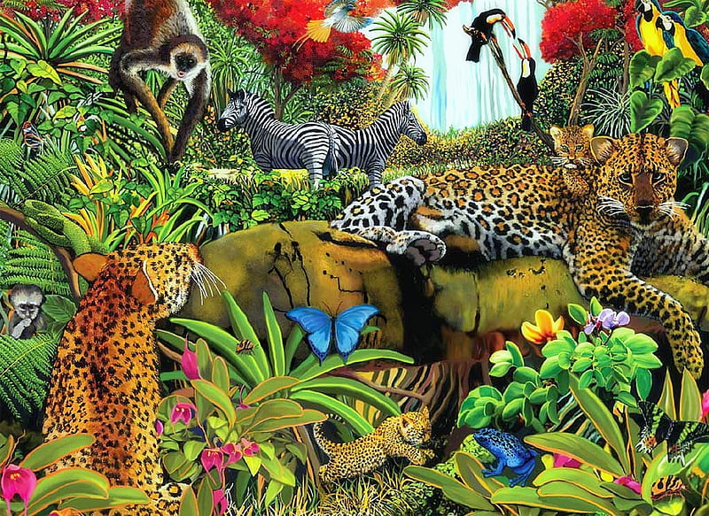 ☆Wildlife in the Forest☆, family, leopards, monkeys, flamingo, bonito,  digital art, HD wallpaper | Peakpx