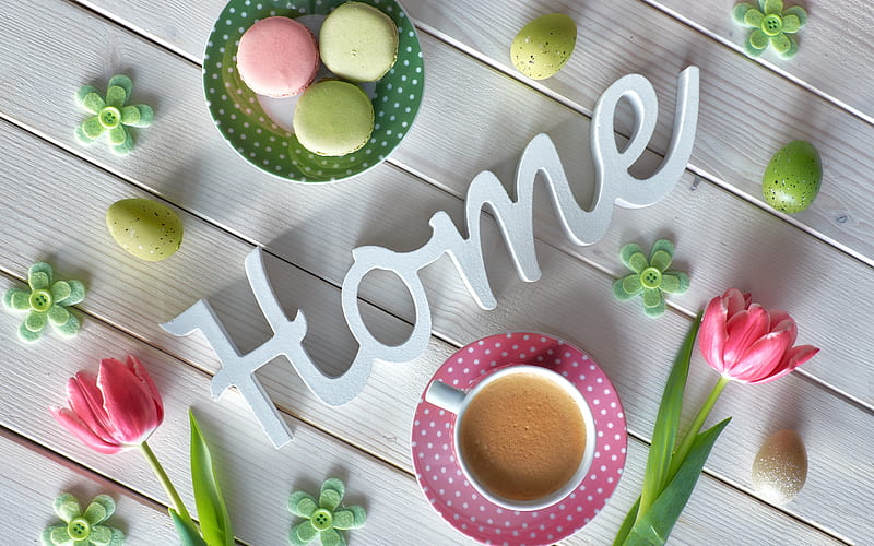 :), tulip, card, word, home, macaron, cookie, green, cup, flower, pink, white, HD wallpaper