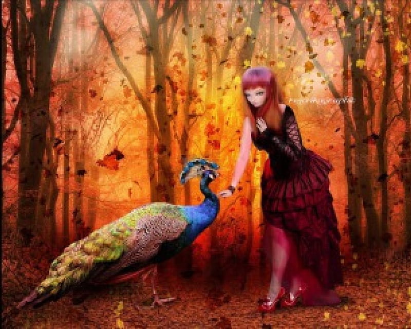 Lepaorouge, autumn, fantasy, peacock, trees, lady, HD wallpaper