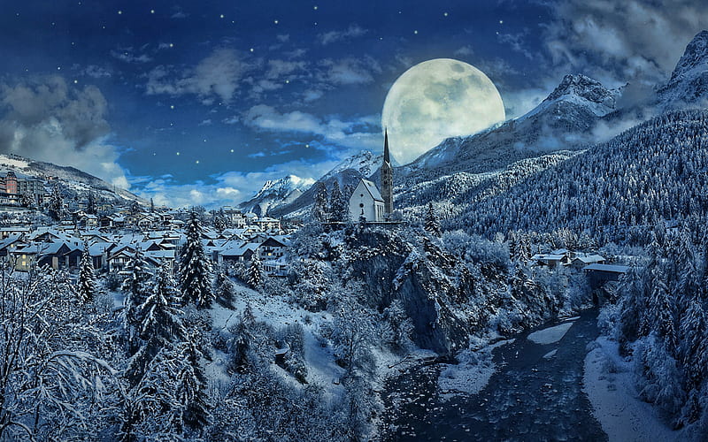 Europe, Alps, winter, forest, beautiful nature, moon, snowdrifts, winter landscapes, Alps at winter, HD wallpaper