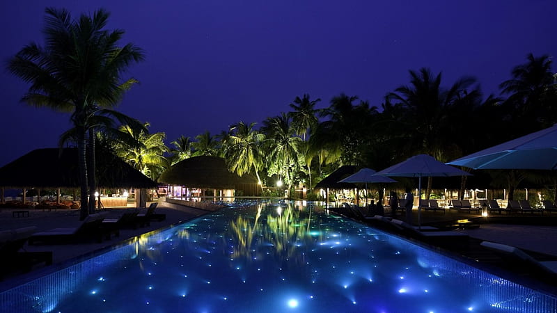 pool in a resort with stars in the water, resort, trees, pool, lights, night, HD wallpaper