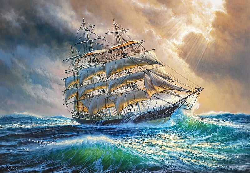 Sailing against all odds, sailship, painting, waves, clouds, sky, artwork, sea, stormy, HD wallpaper