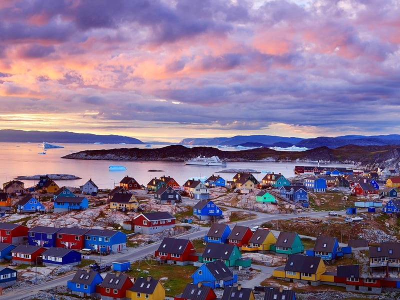 Town of Ilulissat, Disko Bay, Greenland, house, sun, cloud, greenland, town, sky, bay, HD wallpaper