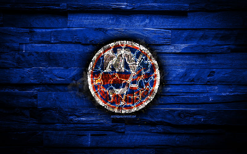 New York Islanders, fiery logo, NHL, blue wooden background, american hockey team, grunge, Eastern Conference, NY Islanders, hockey, New York Islanders logo, fire texture, USA, HD wallpaper