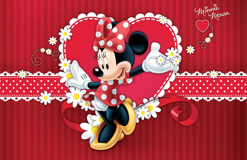 Minnie Mouse, red, valentine, minnie, mouse, card, disney, heart, HD wallpaper