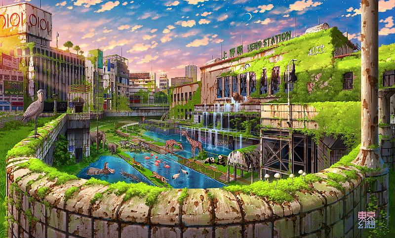 anime ruins, ueno station, post-apocalyptic, grass, scenic, Anime, HD wallpaper
